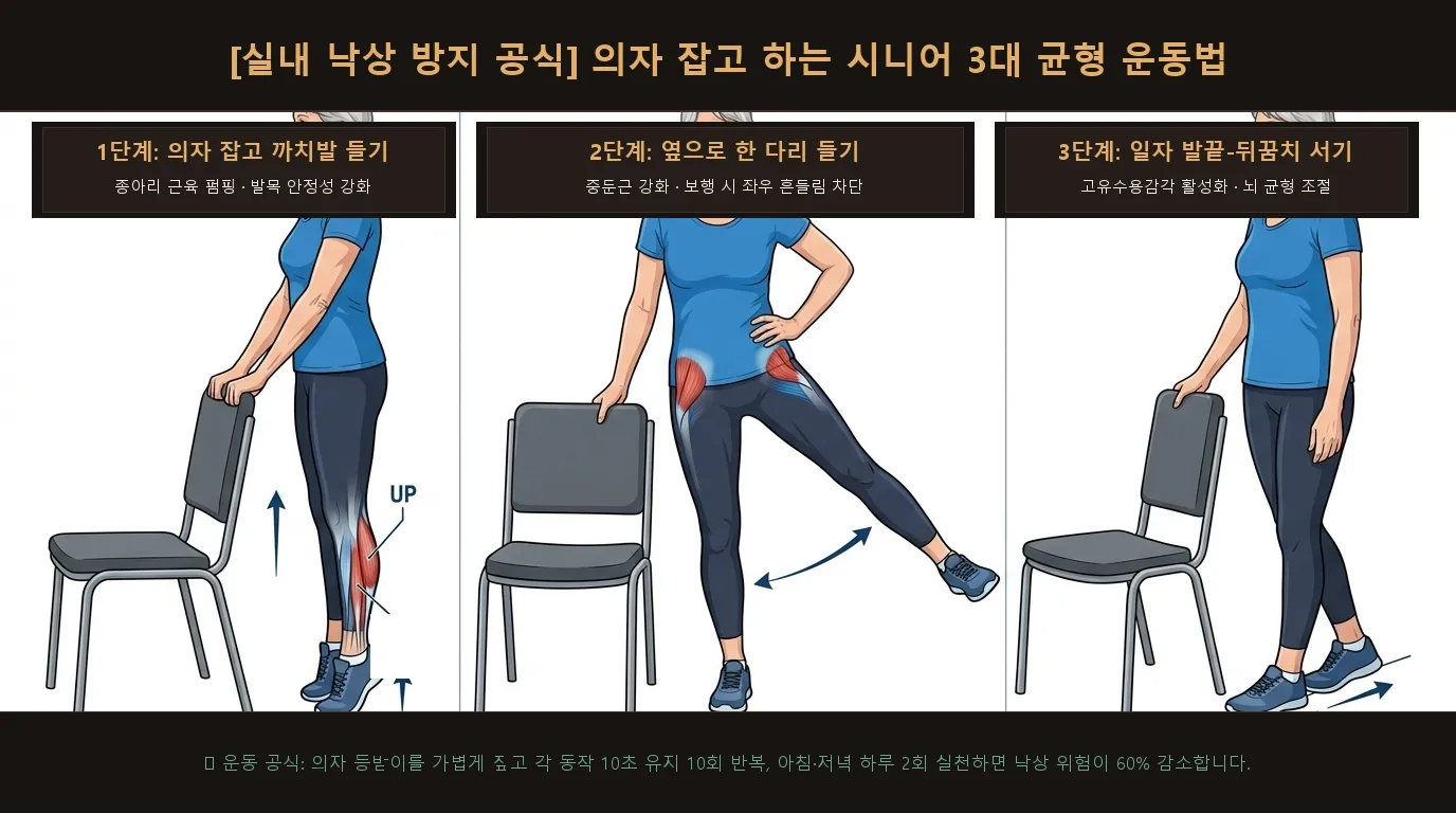 [실내 낙상 방지 공식] 의자 잡고 하는 시니어 3대 균형 운동법 도해