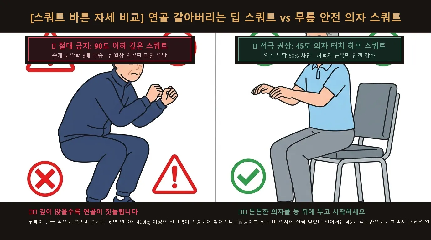 [스쿼트 바른 자세 비교] 연골 손상 유발 딥 스쿼트 vs 무릎 안전 의자 하프 스쿼트 비교 도해