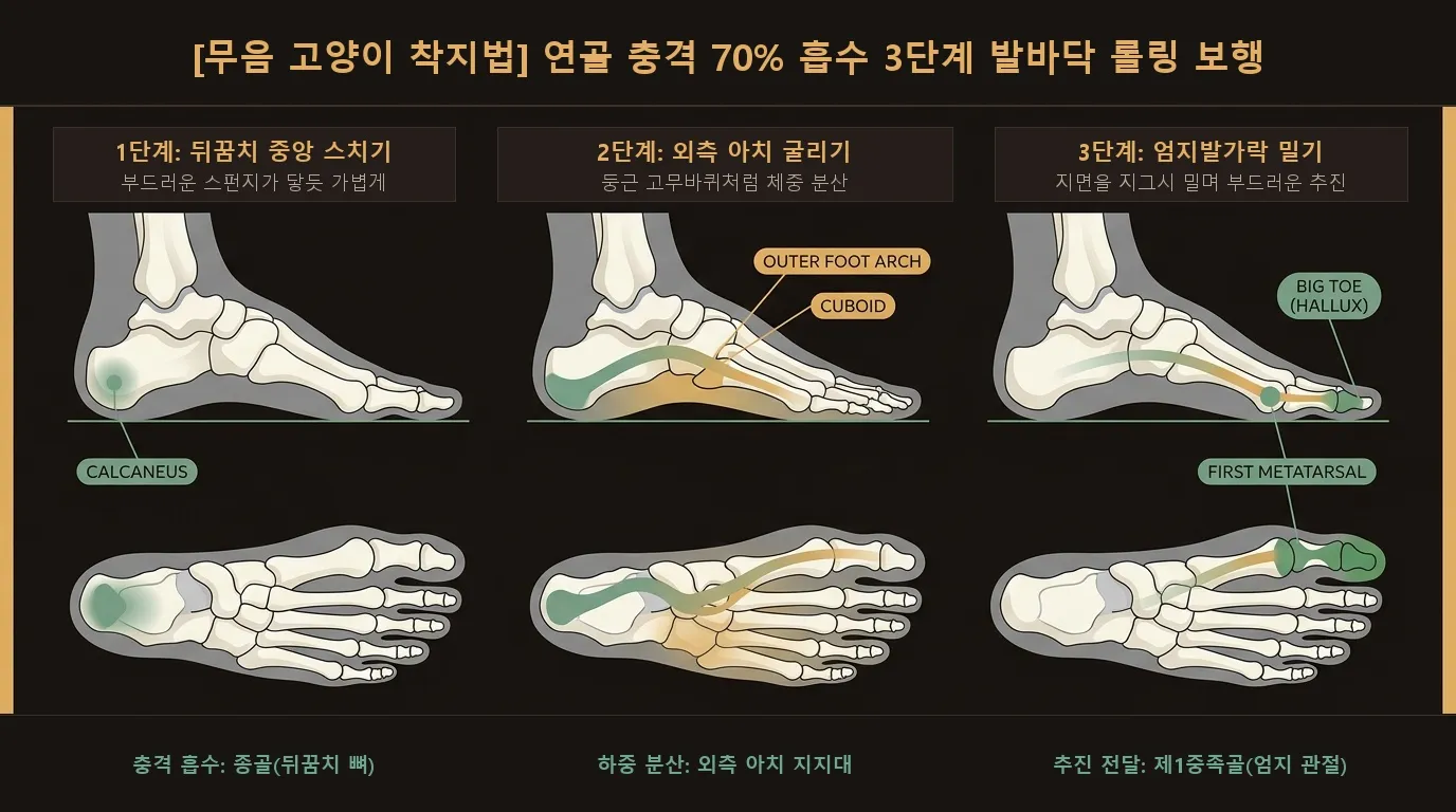 [무음 고양이 착지법] 관절 충격 70% 분산 3단계 발바닥 롤링 보행 도해