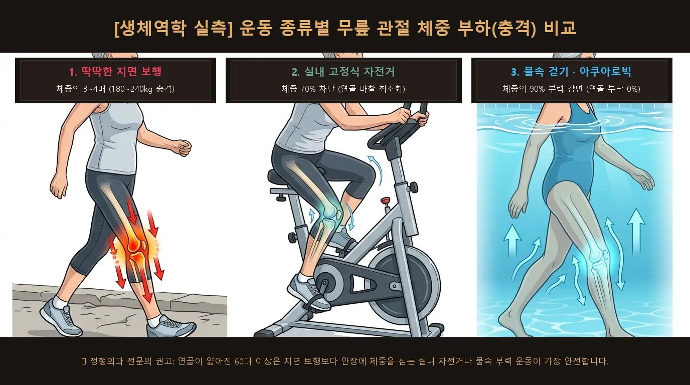 [생체역학 실측] 운동 종류별 무릎 관절 체중 부하 비교 도해