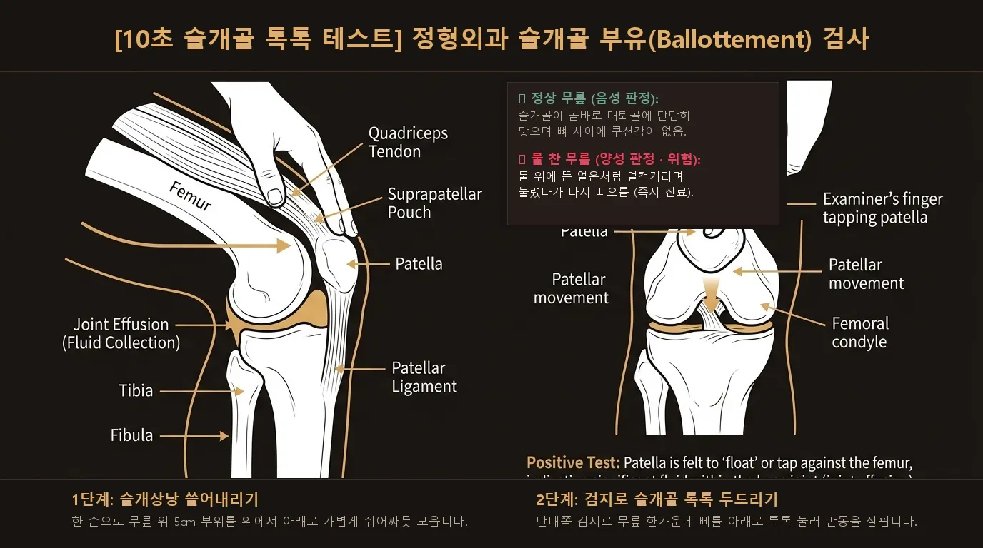[10초 슬개골 톡톡 테스트] 정형외과 슬개골 부유(Ballottement) 관절액 자가진단법 도해