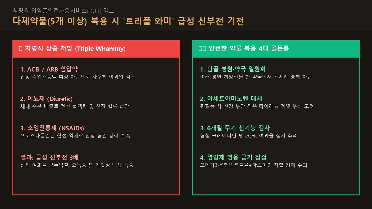 [심평원 DUR 경고] 65세 이상 5개 이상 약물 복용 시 트리플 와미(Triple Whammy) 급성 신부전 충돌 기전 도해