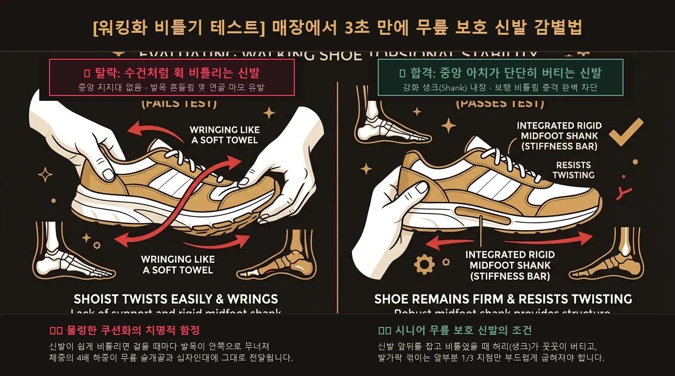 [워킹화 비틀기 테스트] 매장에서 3초 만에 무릎 보호 신발 감별법 도해